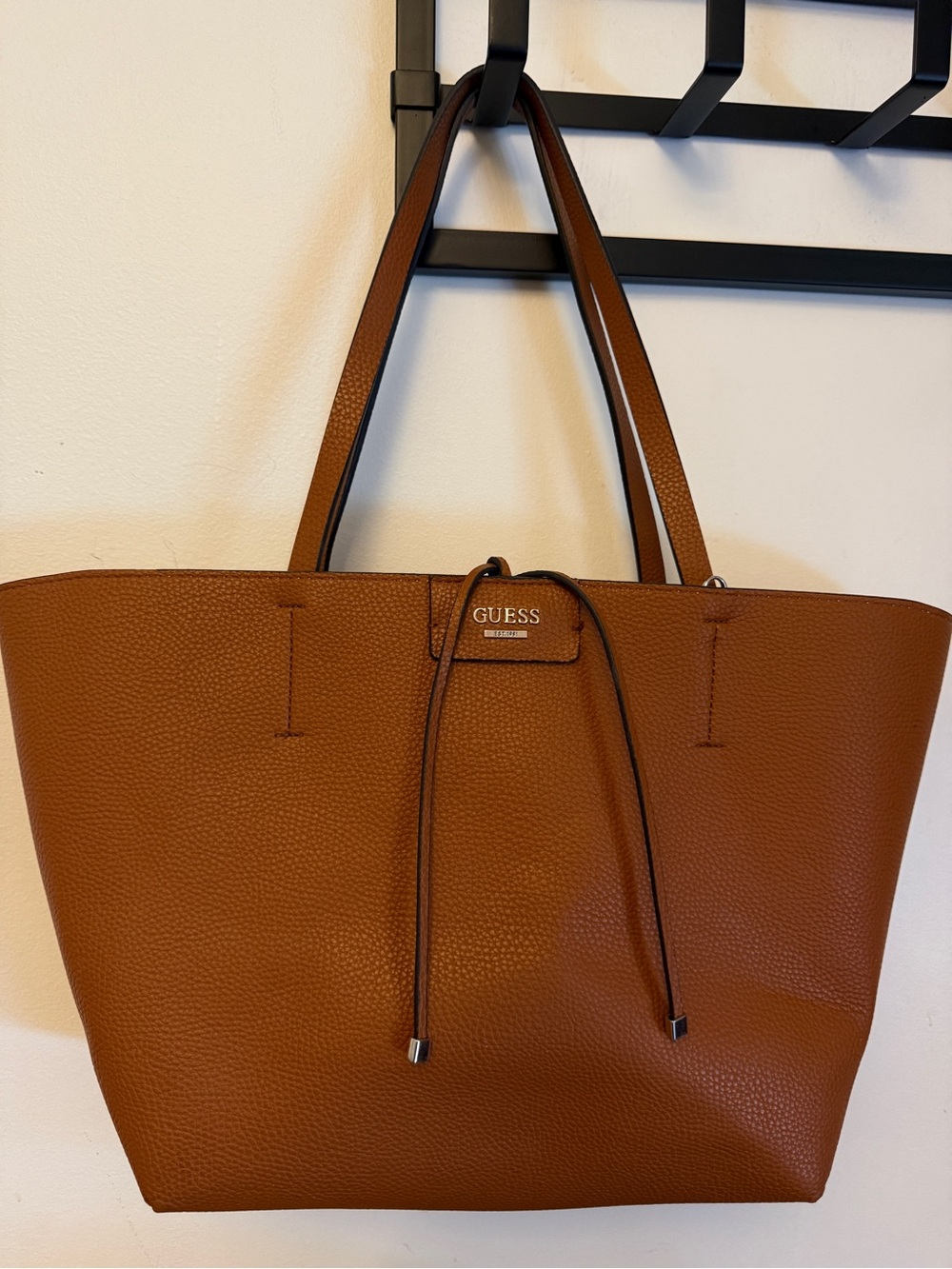 GUESS Cognac Pebbled Tote with Drawstring Detail